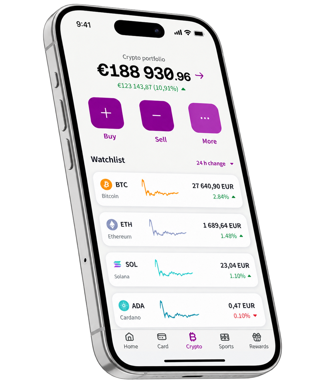 Mobile screens from the Skrill crypto dashboard redesign