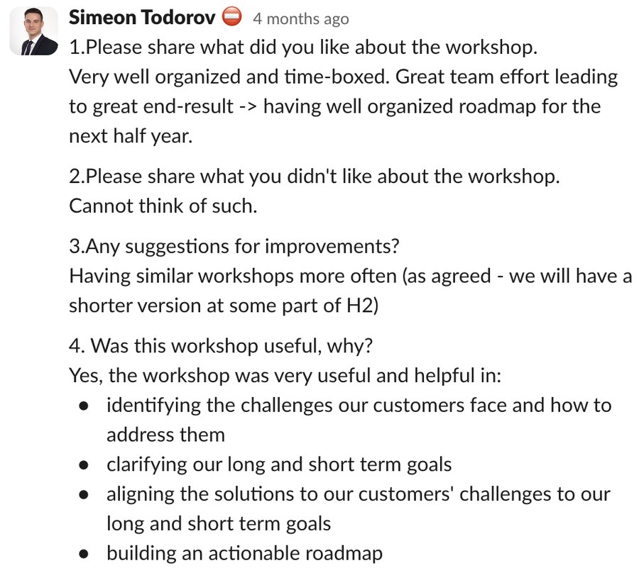 Email feedback from Franz Steinbeiss thanking the team for the effort put into the workshop and noting the well-thought-out content