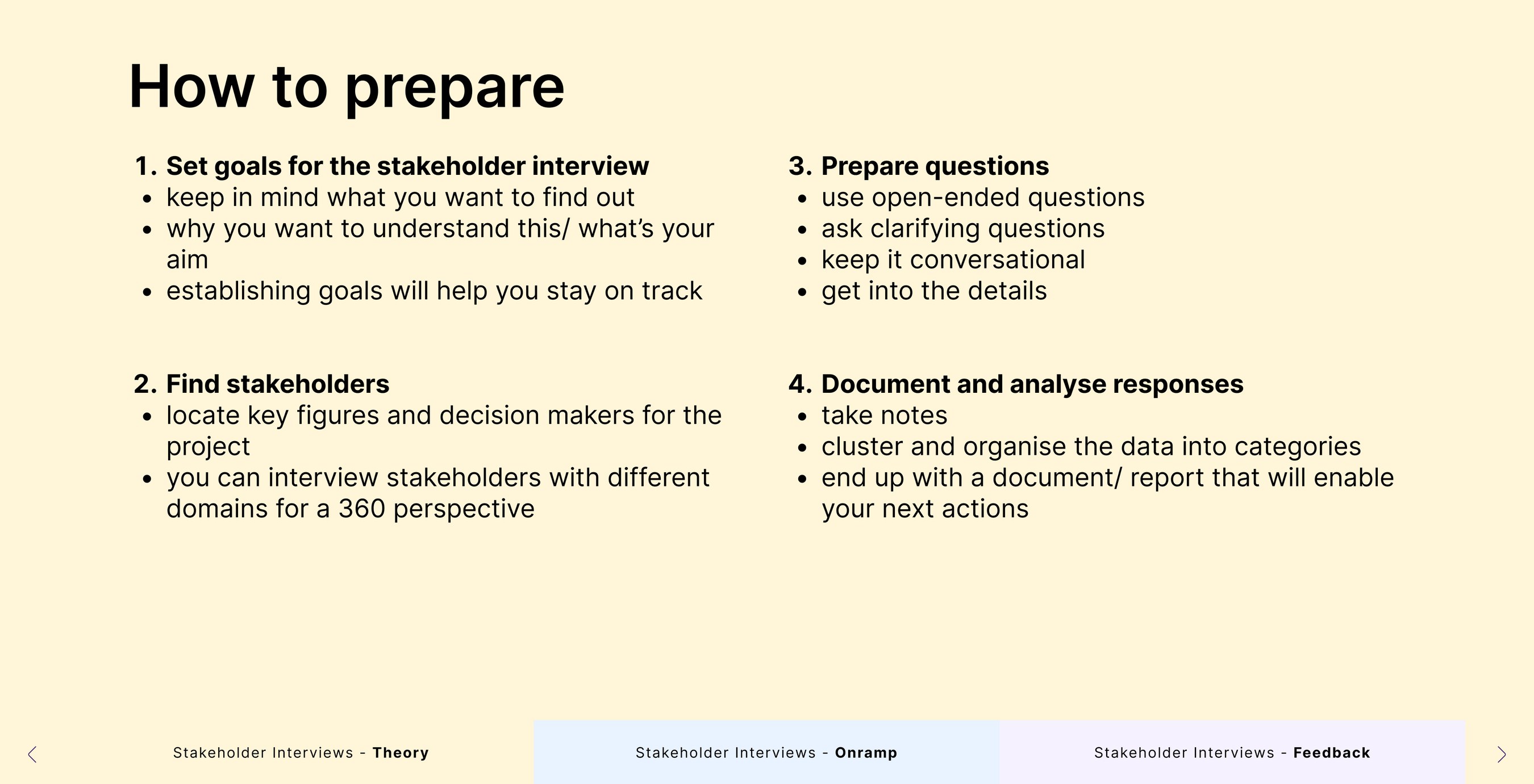 Slide: how to prepare – set goals, find stakeholders, prepare questions, document and analyse responses