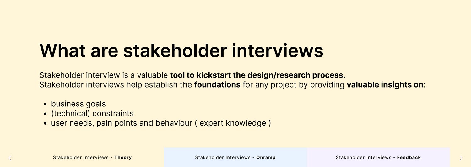Slide: what are stakeholder interviews – a tool to kickstart the design and research process, giving insight on business goals, technical constraints, and user needs