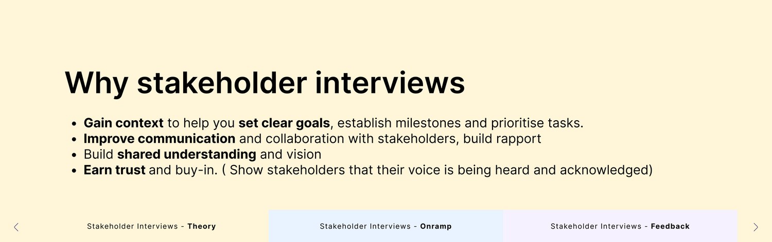 Slide: why stakeholder interviews – gain context, improve communication, build shared understanding, earn trust and buy-in