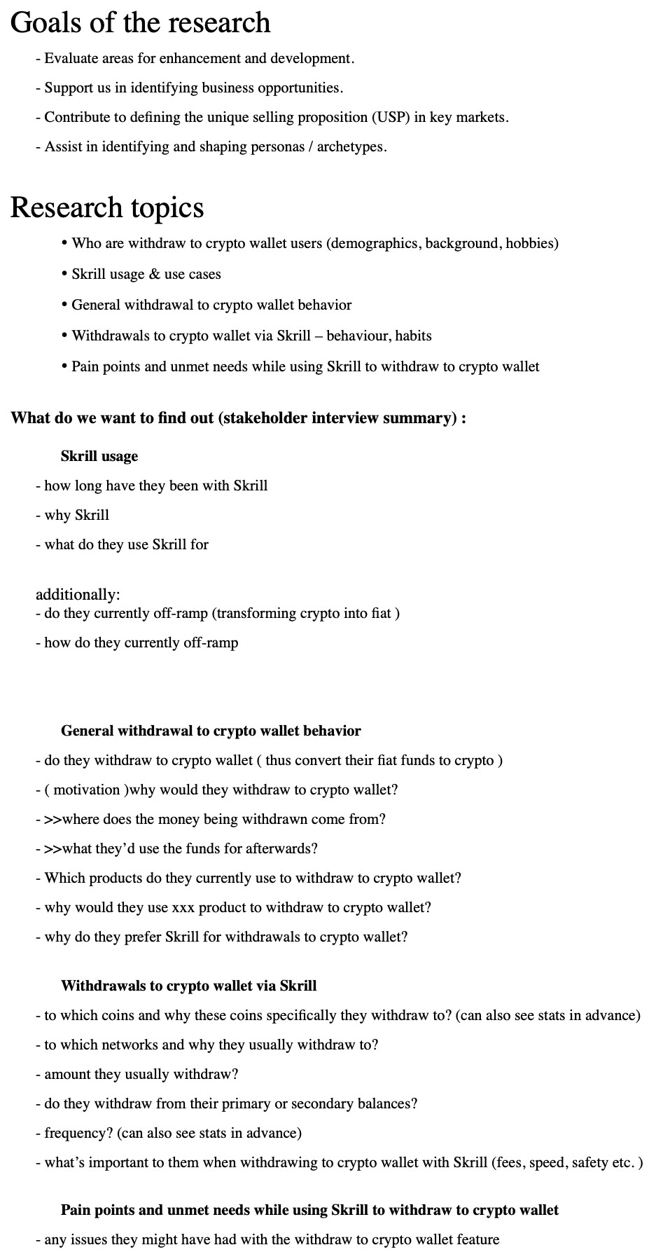 Discovery interview guide, page one: goals of the research and the research topics