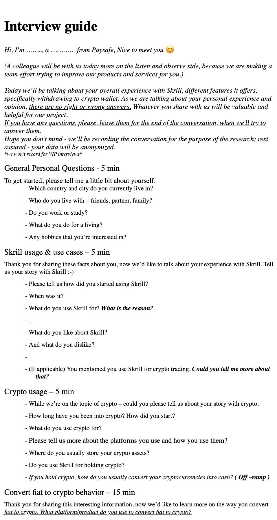 Discovery interview guide, page two: what we wanted to find out under each topic