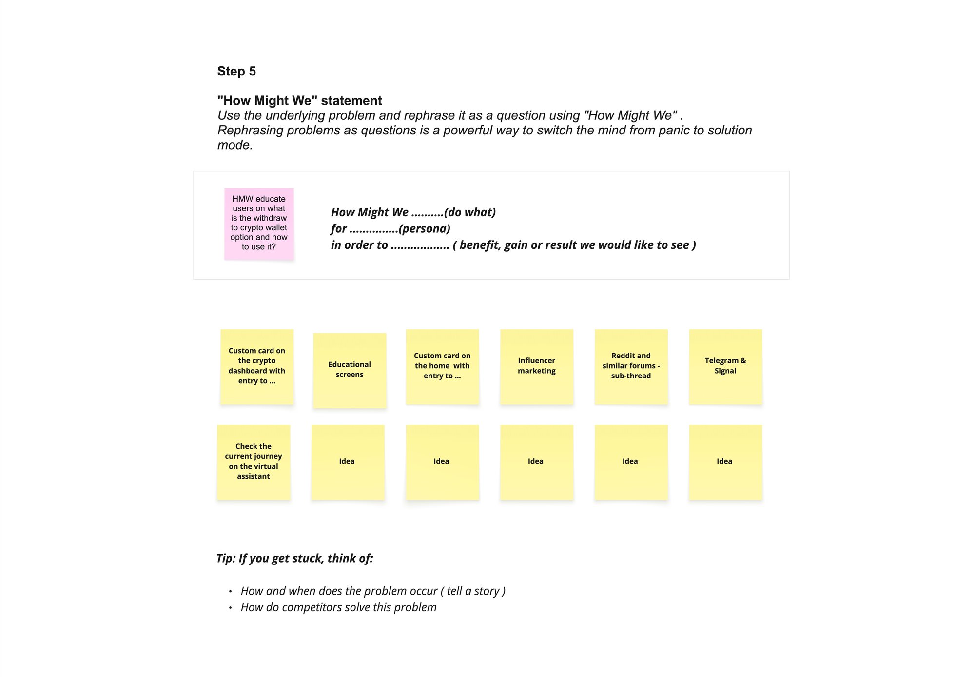A How Might We round: the reframing template and the first ideas generated against the question