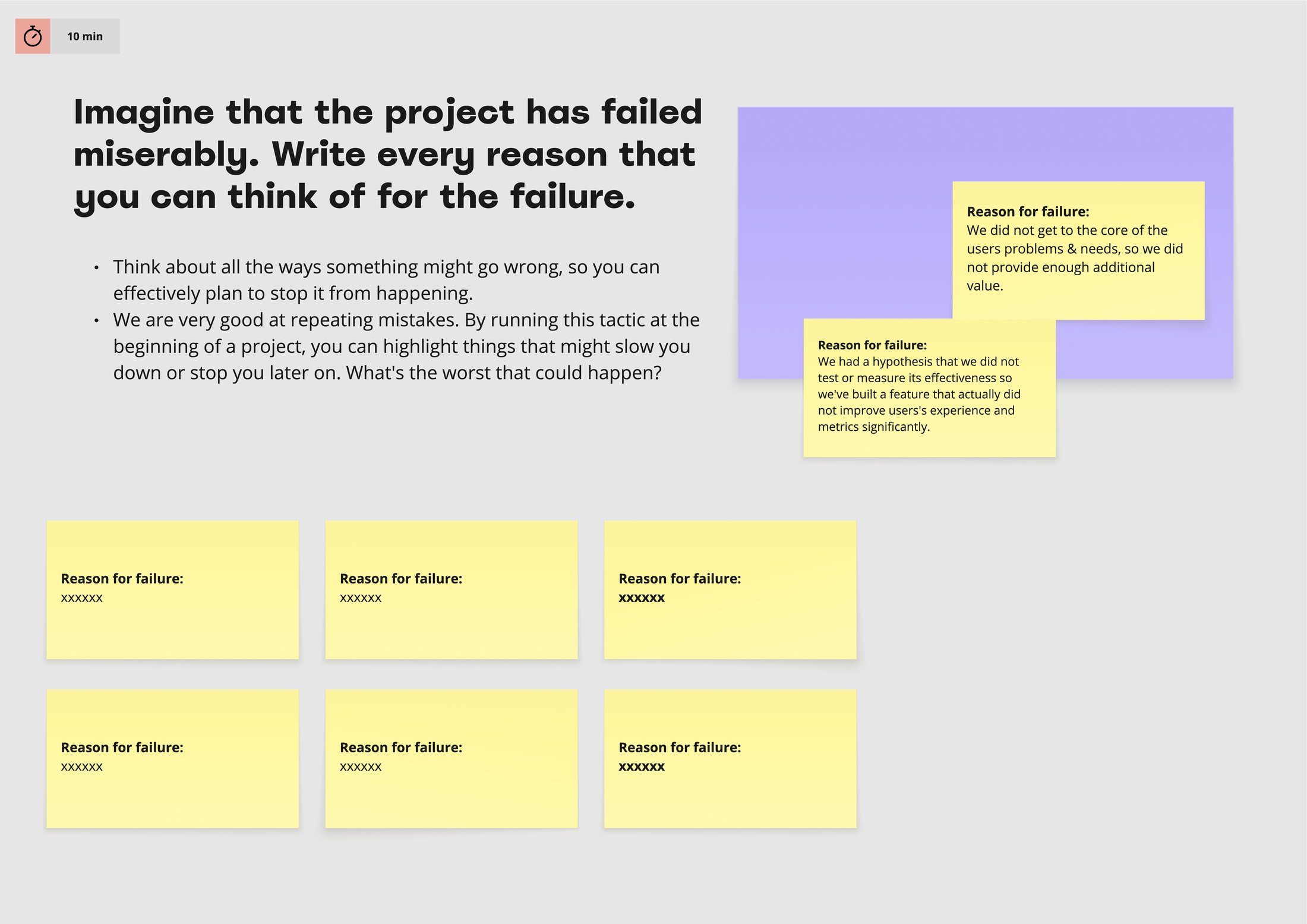 The pre-mortem exercise: imagine the project has failed, and write every reason for the failure