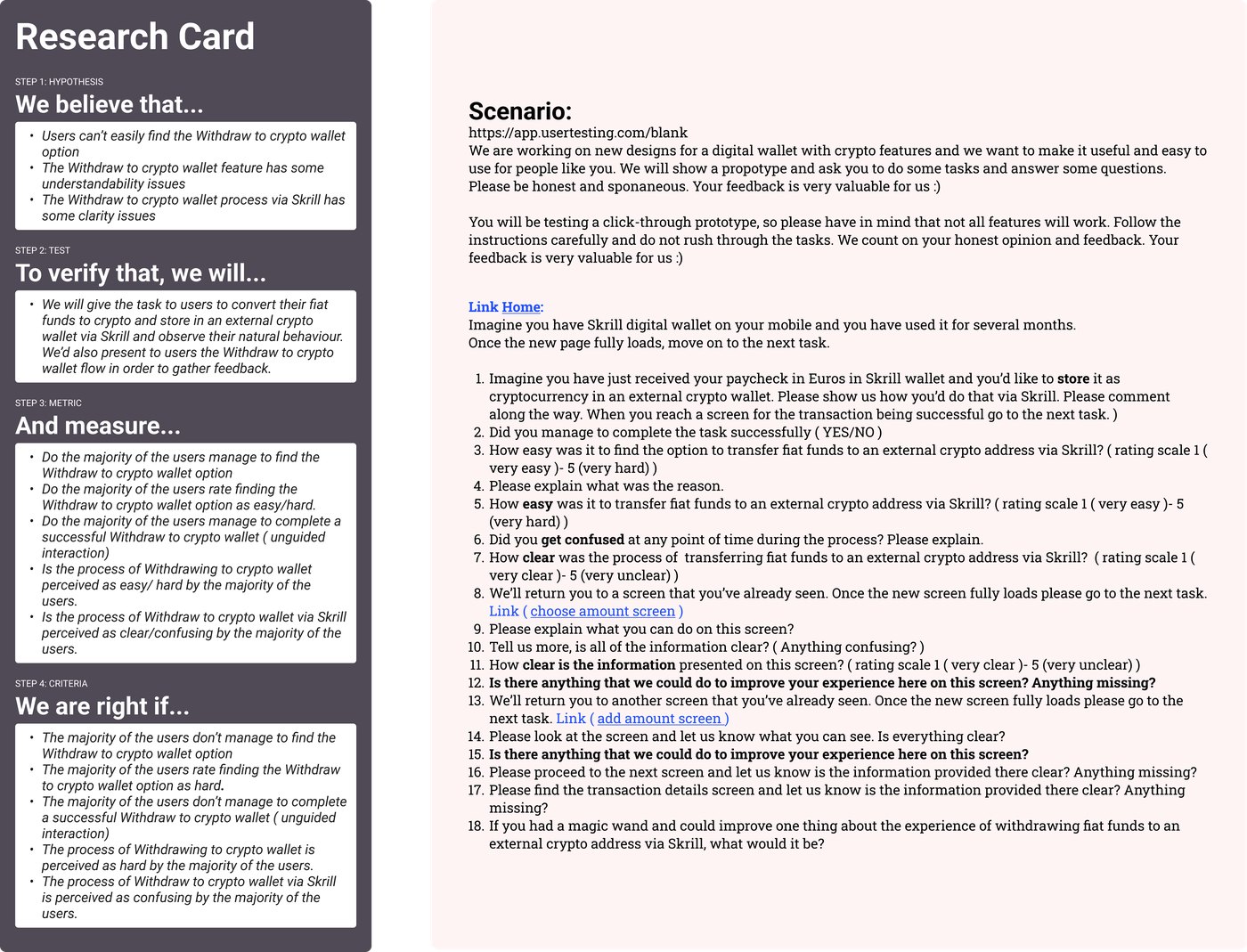 The research card and scenario board for the current-state usability test